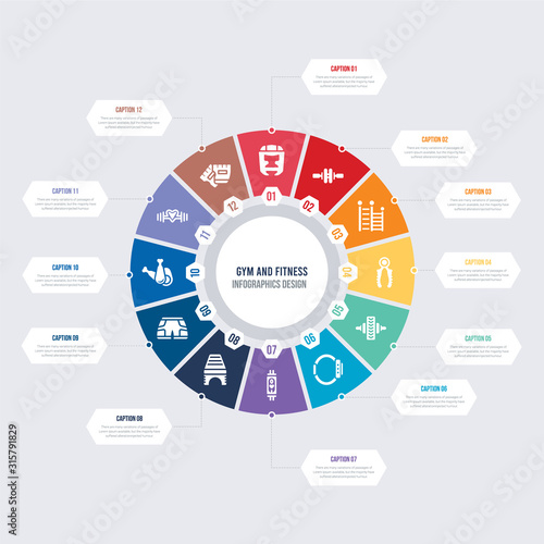 round 12 options gym and fitness infographic template design. fitness gloves, fitness heart, nutrition, shorts, step, tracker vector icons