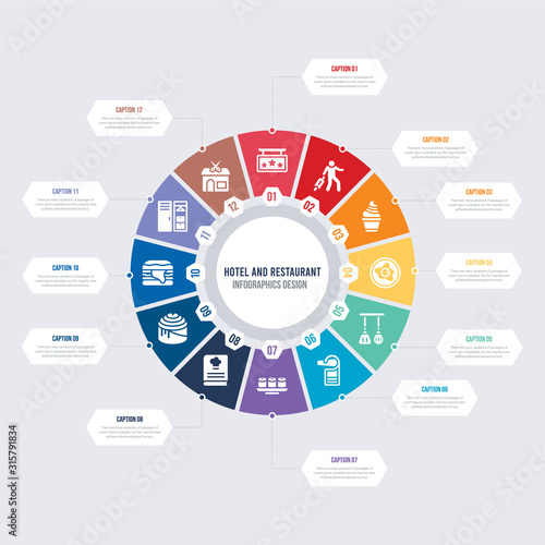 round 12 options hotel and restaurant infographic template design. barbershop, checkroom, cheese burger, cinnamon roll, cookbook, dim sum vector icons