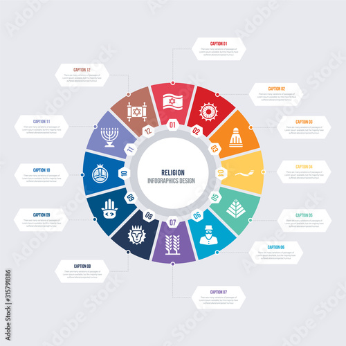 round 12 options religion infographic template design. torah, big menorah, half pomegranate, hamsa hand, lion of judah, israel barley vector icons
