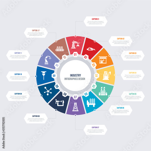 round 12 options industry infographic template design. assembly line, industrial robot, drilling machine, chemicals, clamp, derrick vector icons