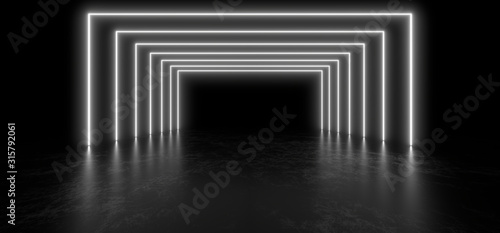 Beautiful composition of white neon lights on a black background. 3d rendering image.