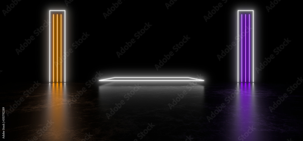 Beautiful composition of colored neon lights on a black background. 3d rendering image. Beautiful composition of colored neon lights on a black background. 3d rendering image.