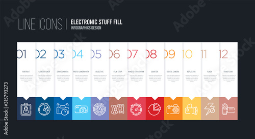 infographic design with 12 options. stroke line icons such as film strip, objective, photo camera with flash, shake camera, camera timer, portrait can be use for web and mobile