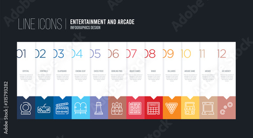 infographic design with 12 options. stroke line icons such as bowling pins, chess piece, cinema seat, clapboard, controls, crystal can be use for web and mobile