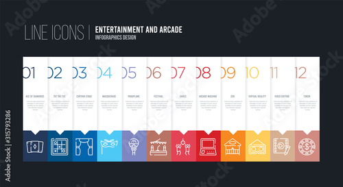 infographic design with 12 options. stroke line icons such as festival, paraplane, masquerade, curtain stage, tic tac toe, ace of diamonds can be use for web and mobile