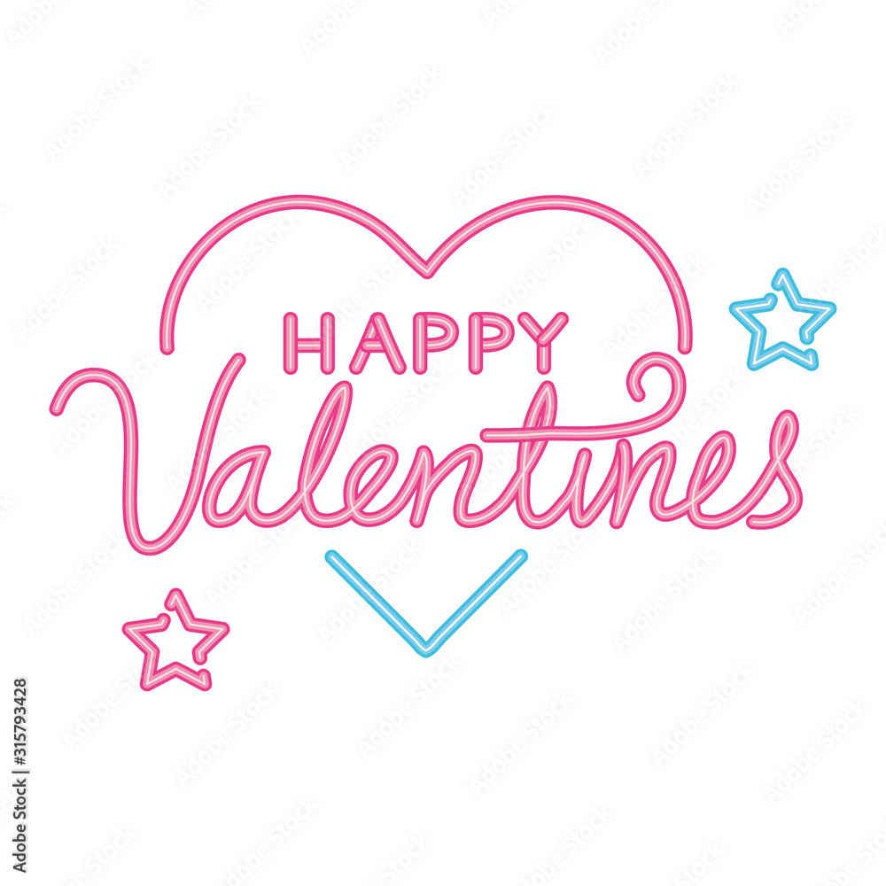happy valentines day lettering with heart and stars