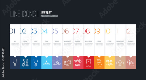 infographic design with 12 options. stroke line icons such as measurement, brooch, tiara, locket, earring, anj can be use for web and mobile