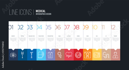 infographic design with 12 options. stroke line icons such as male, prescription, tissue paper, walking stick, crutch, kidneys can be use for web and mobile