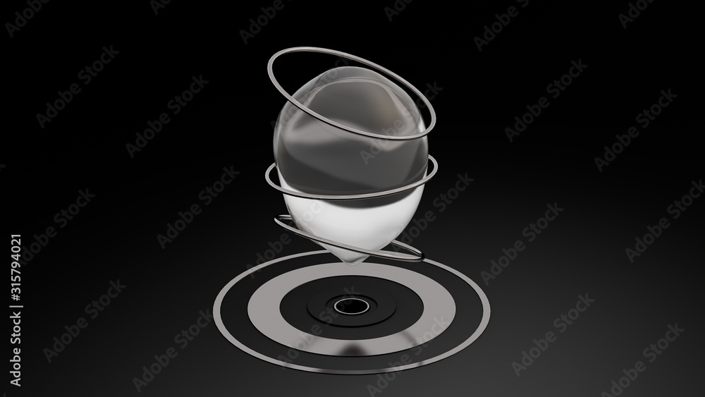 Water bubble and silver rings, black background. Abstract illustration, 3d rendering.