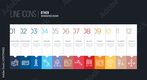 infographic design with 12 options. stroke line icons such as seventeen, kilograms, garden work, oil tower, abstract business card, abstract business card can be use for web and mobile photo