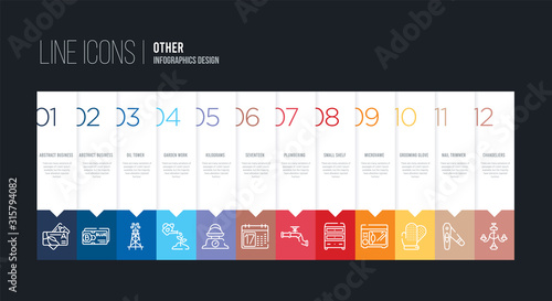 infographic design with 12 options. stroke line icons such as seventeen, kilograms, garden work, oil tower, abstract business card, abstract business card can be use for web and mobile