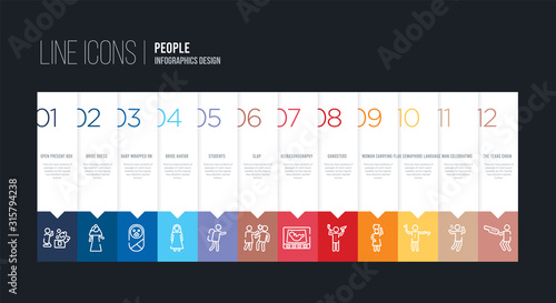 infographic design with 12 options. stroke line icons such as slap, students, bride avatar, baby wrapped on swaddling clothes, bride dress, open present box can be use for web and mobile