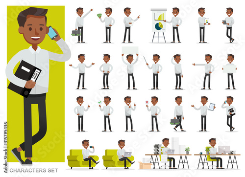 Set of businessman working character vector design. Presentation in various action with emotions, running, standing and walking.