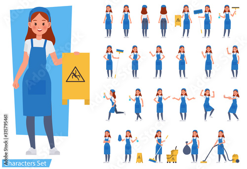 Set of cleaning woman staff character vector design. Presentation in various action with emotions, running, standing and walking.