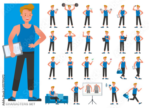 Set of Fitness trainer character vector design. Man dressed in sports clothes. Presentation in various action with emotions, running, standing and walking.