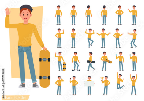 Set of man wear yellow shirt character vector design. Presentation in various action with emotions, running, standing and walking.