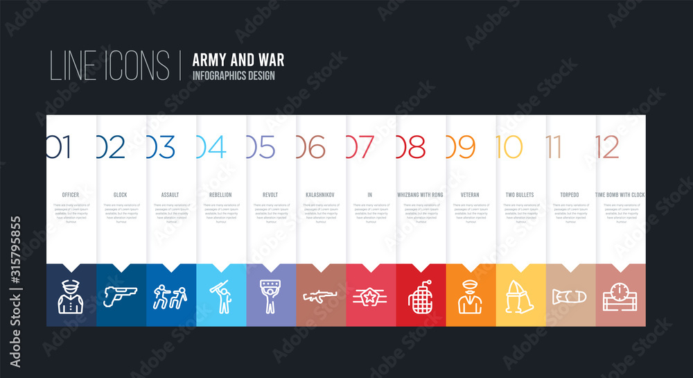 infographic design with 12 options. stroke line icons such as kalashnikov, revolt, rebellion, assault, , officer can be use for web and mobile