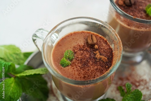 Chocolate mint protein milkshake smoothie  selective focus