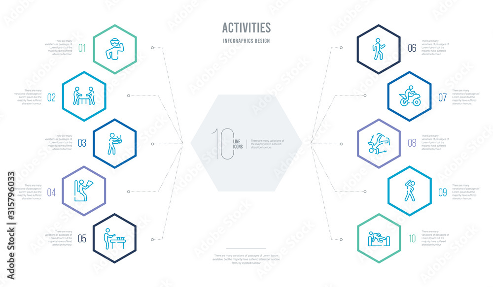 activities concept business infographic design with 10 hexagon options. outline icons such as parkour, aerobic, freestyle, motorcycle, walking, read activities concept business infographic design with 10 hexagon options. outline icons such as parkour, aerobic, freestyle, motorcycle, walking, read