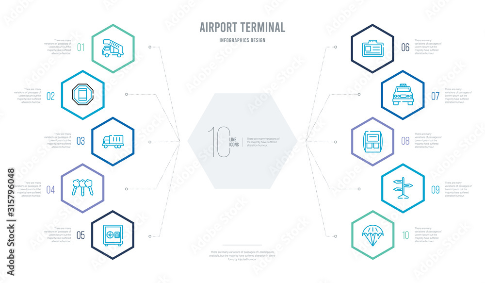 airport terminal concept business infographic design with 10 hexagon options. outline icons such as parachute open, trip, big backpack, airport taxi, identification badge, key with key chain