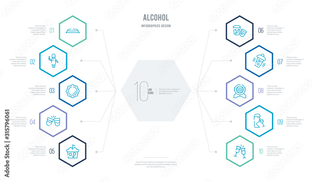 alcohol concept business infographic design with 10 hexagon options. outline icons such as cheers, wine tasting, wine barrel, shaker, cork, shot alcohol concept business infographic design with 10 hexagon options. outline icons such as cheers, wine tasting, wine barrel, shaker, cork, shot