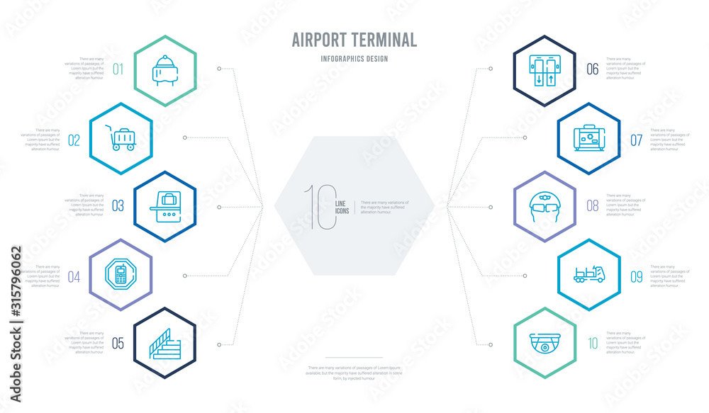 airport terminal concept business infographic design with 10 hexagon options. outline icons such as airport security camera, car trolley, aeroplane pilot glasses, picking luggage, passenger passway,