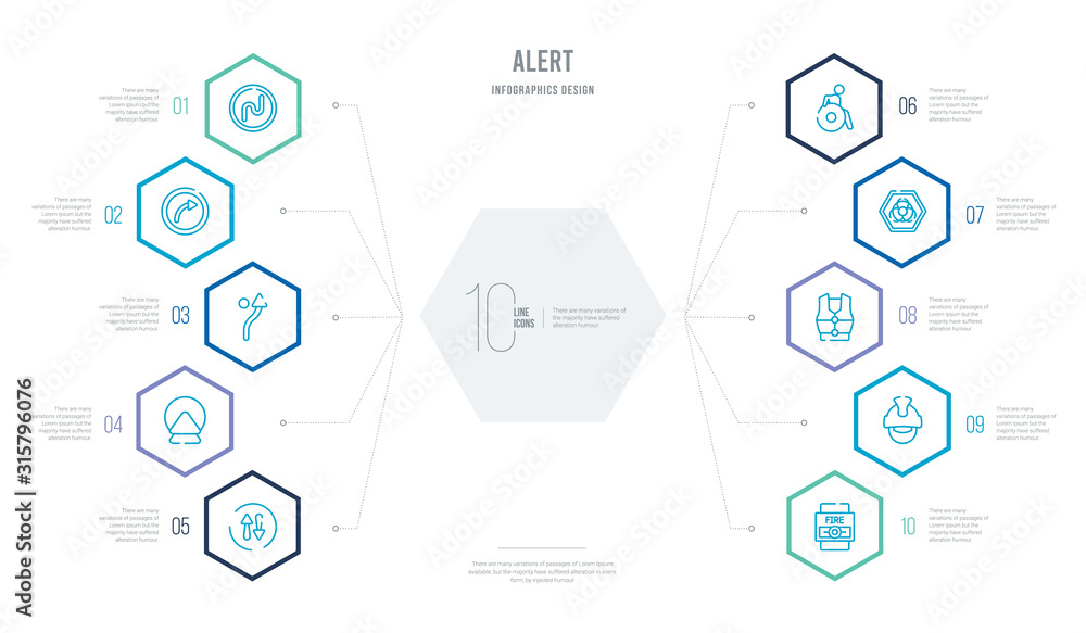 alert concept business infographic design with 10 hexagon options. outline icons such as fire button, firefighter helmet, life vest, biological hazard, handicap, ahead alert concept business infographic design with 10 hexagon options. outline icons such as fire button, firefighter helmet, life vest, biological hazard, handicap, ahead