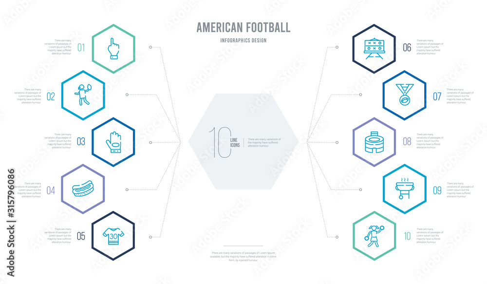 american football concept business infographic design with 10 hexagon options. outline icons such as american football cheerleader jump, barbecue, stadium cylinder, football medal, game planning, american football concept business infographic design with 10 hexagon options. outline icons such as american football cheerleader jump, barbecue, stadium cylinder, football medal, game planning,