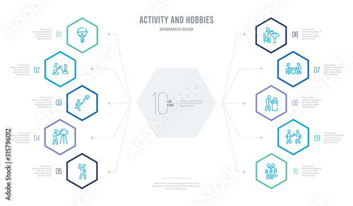 activity and hobbies concept business infographic design with 10 hexagon options. outline icons such as couple huging, dealer, dish washing, dominoes, eating, film making