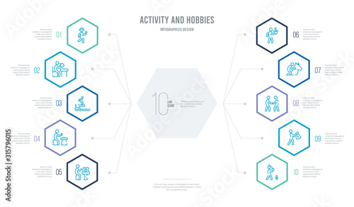 activity and hobbies concept business infographic design with 10 hexagon options. outline icons such as golf playing, greedy, greeting, horse riding, hydroponics, jewelry making