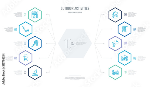 outdoor activities concept business infographic design with 10 hexagon options. outline icons such as table game, photography,  , dartboard, backpacks, barbacue