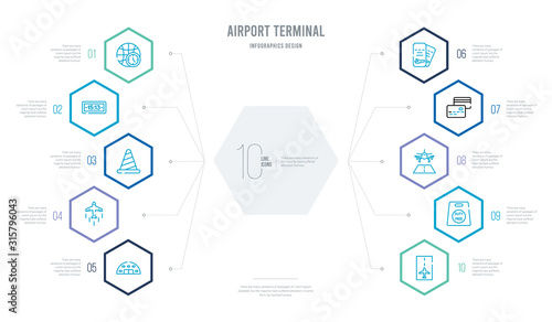 airport terminal concept business infographic design with 10 hexagon options. outline icons such as landing runway, duty free bag, plane landing, two cit cards, two plane tickets, air company