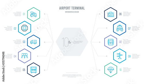 airport terminal concept business infographic design with 10 hexagon options. outline icons such as parachute open, trip, big backpack, airport taxi, identification badge, key with key chain