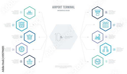 airport terminal concept business infographic design with 10 hexagon options. outline icons such as no smoking, control check, luggage inspection, lifesaver best, dollar bill from cash machine,