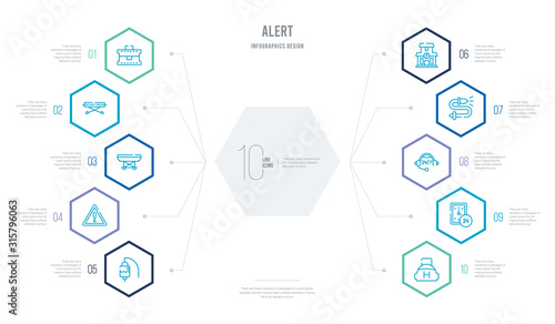 alert concept business infographic design with 10 hexagon options. outline icons such as medical support, 24h, call center, water hose, police station, caution