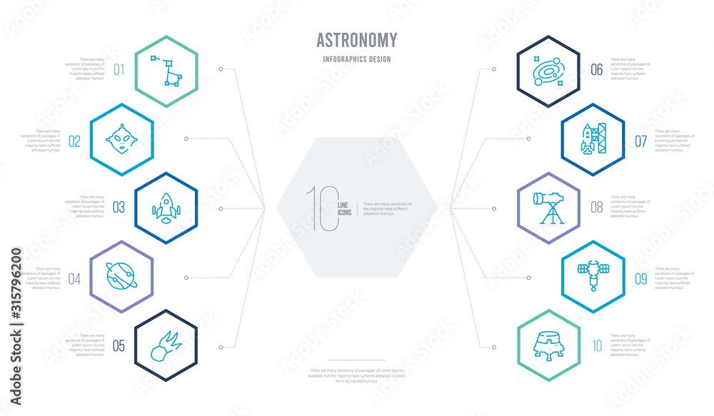 astronomy concept business infographic design with 10 hexagon options. outline icons such as space capsule, big satellite, big telescope, spaceport, galaxy, planet astronomy concept business infographic design with 10 hexagon options. outline icons such as space capsule, big satellite, big telescope, spaceport, galaxy, planet