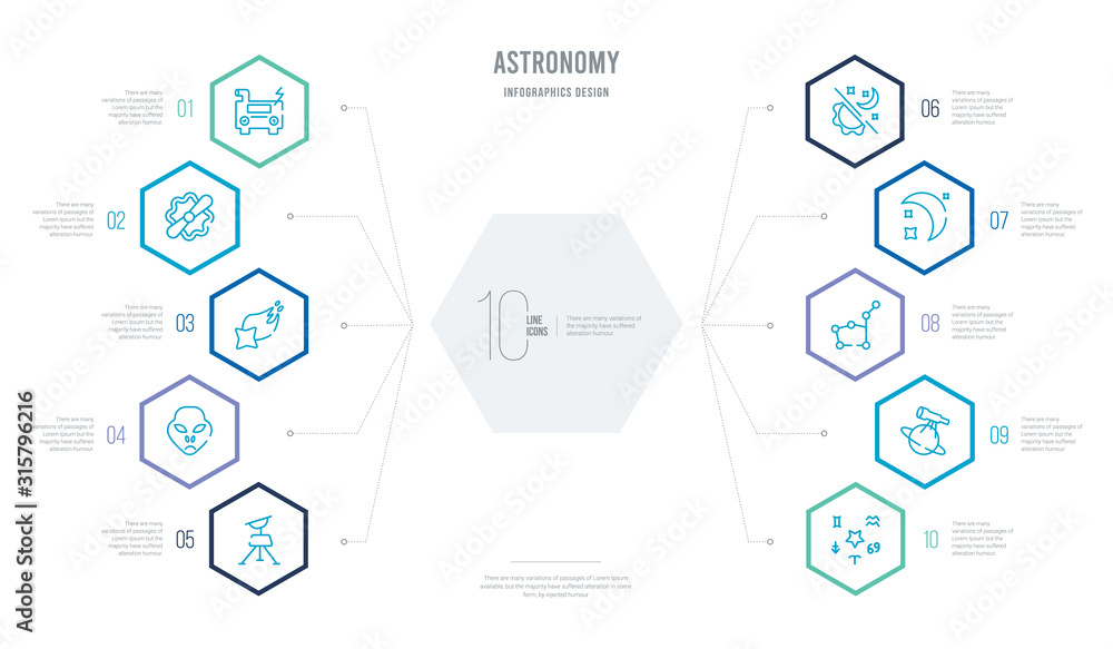 astronomy concept business infographic design with 10 hexagon options. outline icons such as astrology, astronomy, constellation, crescent moon, day and night, extraterrestrial astronomy concept business infographic design with 10 hexagon options. outline icons such as astrology, astronomy, constellation, crescent moon, day and night, extraterrestrial