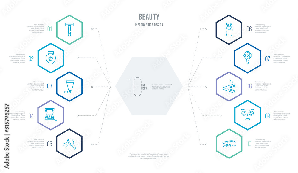 beauty concept business infographic design with 10 hexagon options. outline icons such as woman eye, cucumber slices on face, flat iron, hand mirror, shampoo bottle, big makeup box beauty concept business infographic design with 10 hexagon options. outline icons such as woman eye, cucumber slices on face, flat iron, hand mirror, shampoo bottle, big makeup box