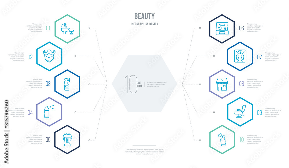 beauty concept business infographic design with 10 hexagon options. outline icons such as liquid makeup, beauty salon chair, barber shop, big scale, little makeup box, hair spray beauty concept business infographic design with 10 hexagon options. outline icons such as liquid makeup, beauty salon chair, barber shop, big scale, little makeup box, hair spray