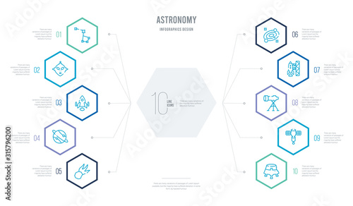 astronomy concept business infographic design with 10 hexagon options. outline icons such as space capsule, big satellite, big telescope, spaceport, galaxy, planet