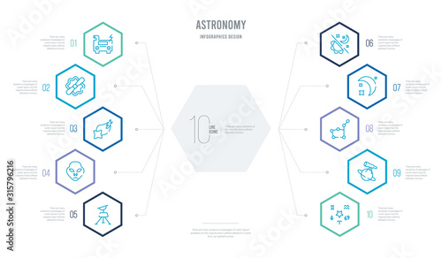 astronomy concept business infographic design with 10 hexagon options. outline icons such as astrology, astronomy, constellation, crescent moon, day and night, extraterrestrial