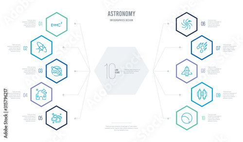 astronomy concept business infographic design with 10 hexagon options. outline icons such as half moon, jet pack, liftoff, meteor shower, milky way, planetarium
