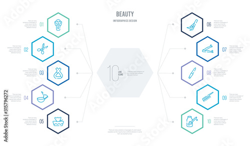 beauty concept business infographic design with 10 hexagon options. outline icons such as serum, inclined comb, nail file, bobby pins, tweezers, tint brush