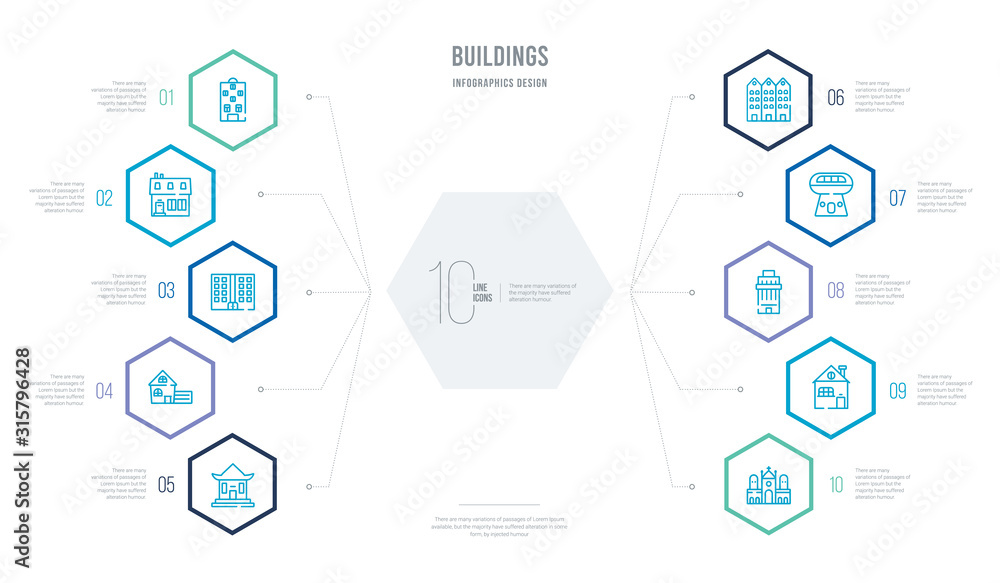 buildings concept business infographic design with 10 hexagon options. outline icons such as mosque of cordoba, village, town, future house, townhouse, detached buildings concept business infographic design with 10 hexagon options. outline icons such as mosque of cordoba, village, town, future house, townhouse, detached