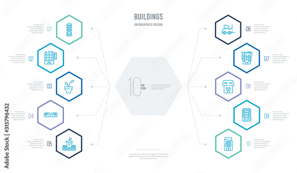 buildings concept business infographic design with 10 hexagon options. outline icons such as agency, appartment, renovation, burning house, lifter machine, builder tool buildings concept business infographic design with 10 hexagon options. outline icons such as agency, appartment, renovation, burning house, lifter machine, builder tool