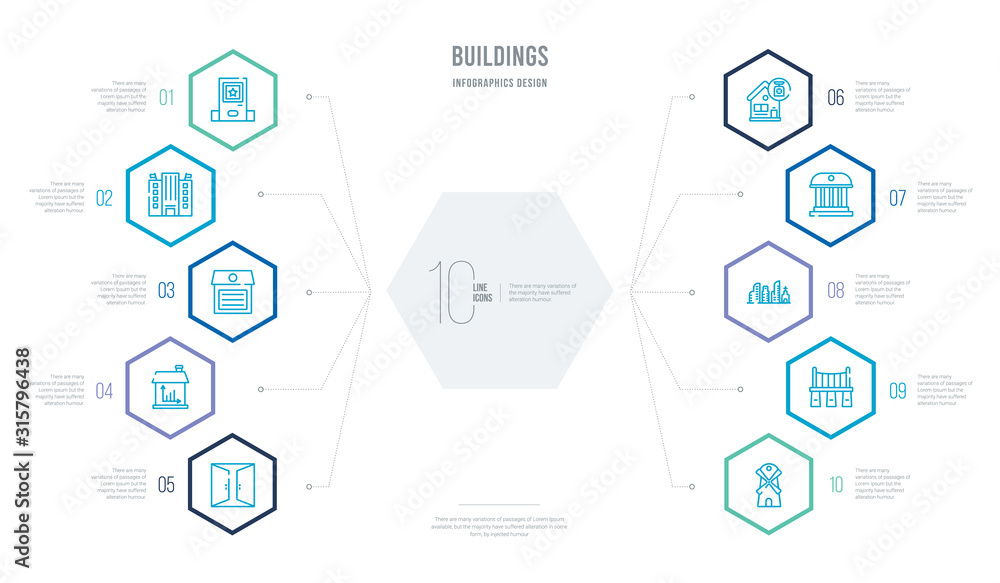 buildings concept business infographic design with 10 hexagon options. outline icons such as big windmill, city dock, city, old monument, house with scales, house with line chart buildings concept business infographic design with 10 hexagon options. outline icons such as big windmill, city dock, city, old monument, house with scales, house with line chart