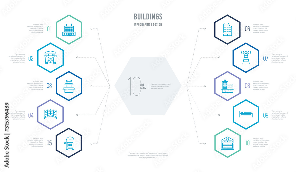 buildings concept business infographic design with 10 hexagon options. outline icons such as metallic blind, bed side, blocked, antennas, outrage, japanese bridge buildings concept business infographic design with 10 hexagon options. outline icons such as metallic blind, bed side, blocked, antennas, outrage, japanese bridge