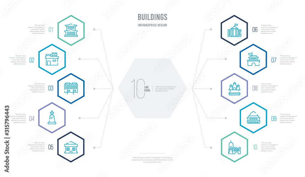 buildings concept business infographic design with 10 hexagon options. outline icons such as trade center, capitol building, hindu temple, embassy, goverment building, christian cemetery buildings concept business infographic design with 10 hexagon options. outline icons such as trade center, capitol building, hindu temple, embassy, goverment building, christian cemetery