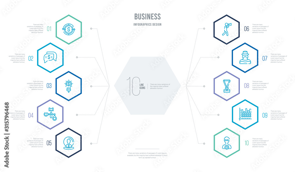 business concept business infographic design with 10 hexagon options. outline icons such as expert, graphic chart, lanyard, fat man with hat and moustache, man looking, punishment business concept business infographic design with 10 hexagon options. outline icons such as expert, graphic chart, lanyard, fat man with hat and moustache, man looking, punishment
