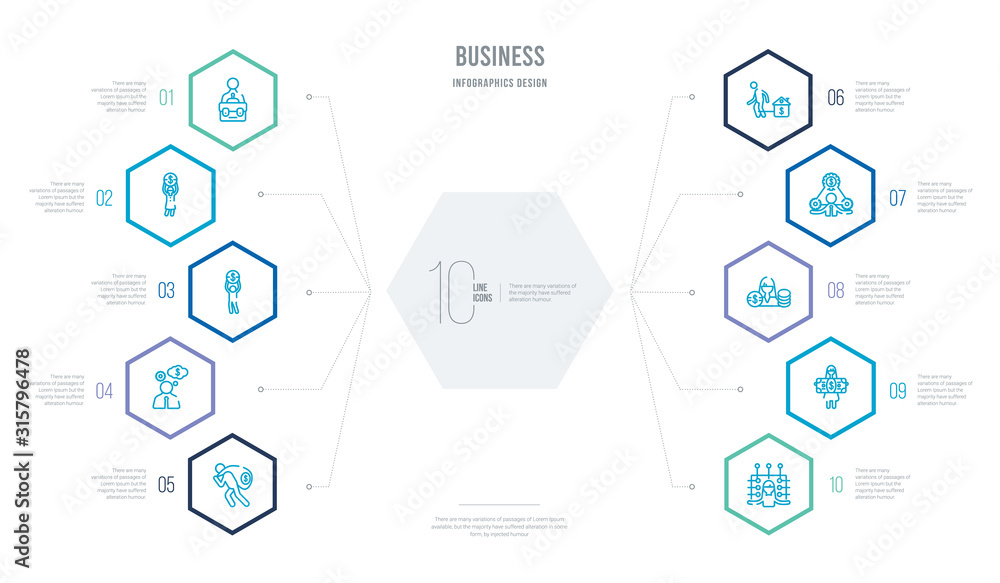 business concept business infographic design with 10 hexagon options. outline icons such as multitasking woman, woman with dollar bill, woman with dollar circle, man money gears, mortgage and man, business concept business infographic design with 10 hexagon options. outline icons such as multitasking woman, woman with dollar bill, woman with dollar circle, man money gears, mortgage and man,
